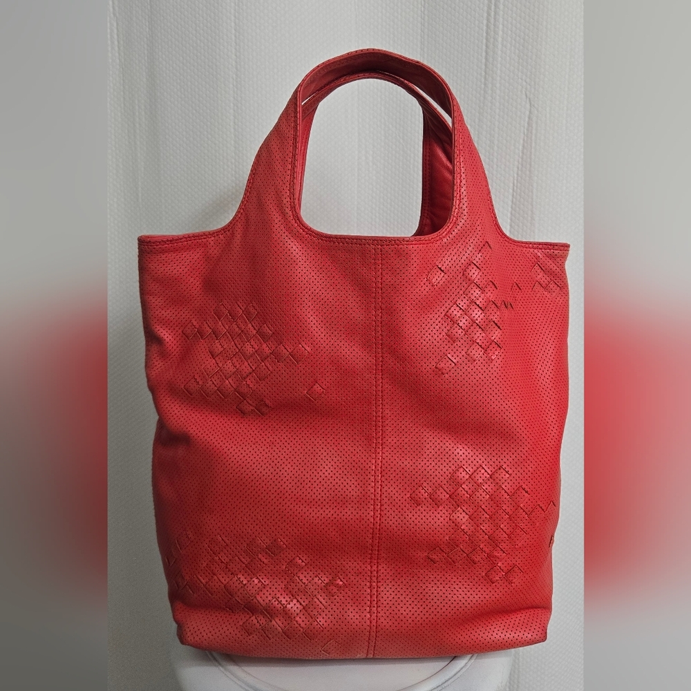 GUC Bottega Veneta Red Intrecciato Top Handle Bag
